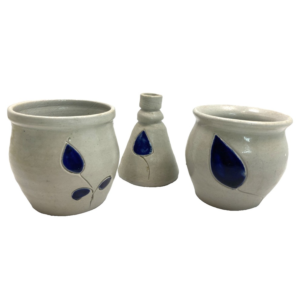 Set Of 3 Williamsburg Pottery Salt Glaze Floral Decor Pot Crock Small Planter 3"
